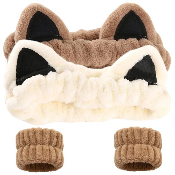 Accessories - 2 Pcs Cat Ears Headband Spa Headbands for Washing Face Khaki Beige Wristband